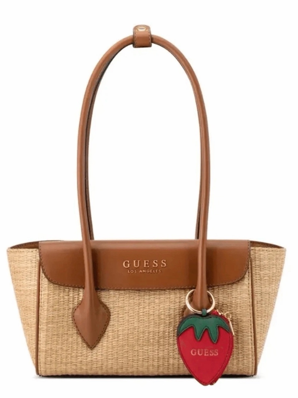 GUESS Tan Straw Tote with Red Strawberry Charm